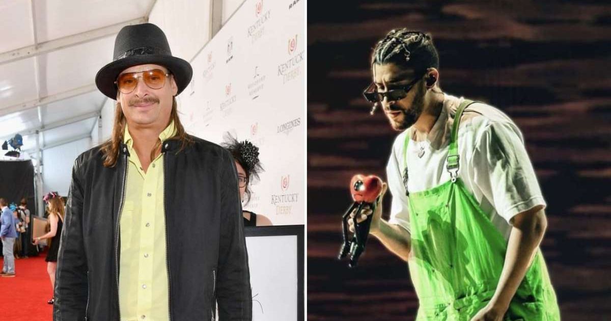 A Facebook rumor claimed that Kid Rock criticized Bad Bunny in relation to his NFL 2026 Super Bowl halftime performance (Getty Images, @tourbadbunny/X)