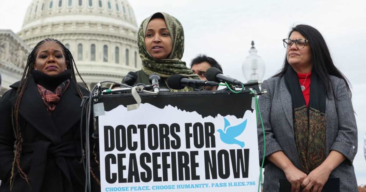US Rep Rashida Tlaib, Rep Ilhan Omar, and Rep Cori Bush spoke at a press conference on the Israel-Hamas war outside of the US Capitol on December 7, 2023 in Washington, DC (Kevin Dietsch/Getty Images)