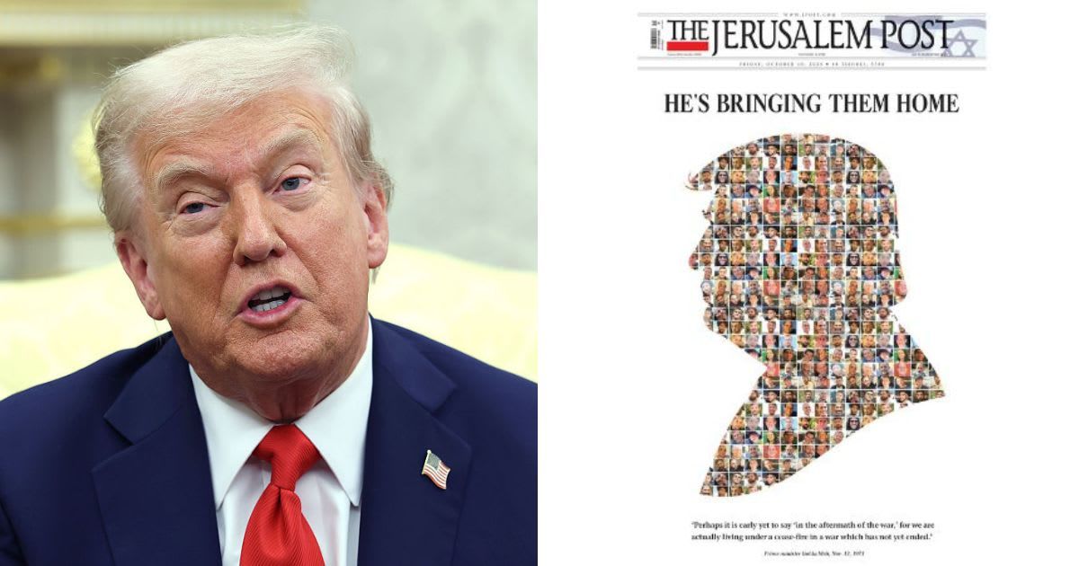 Jerusalem Post honors Trump with front page for his role in the landmark Israel–Hamas ceasefire (Facebook/@The Jerusalem Post, Getty Images)