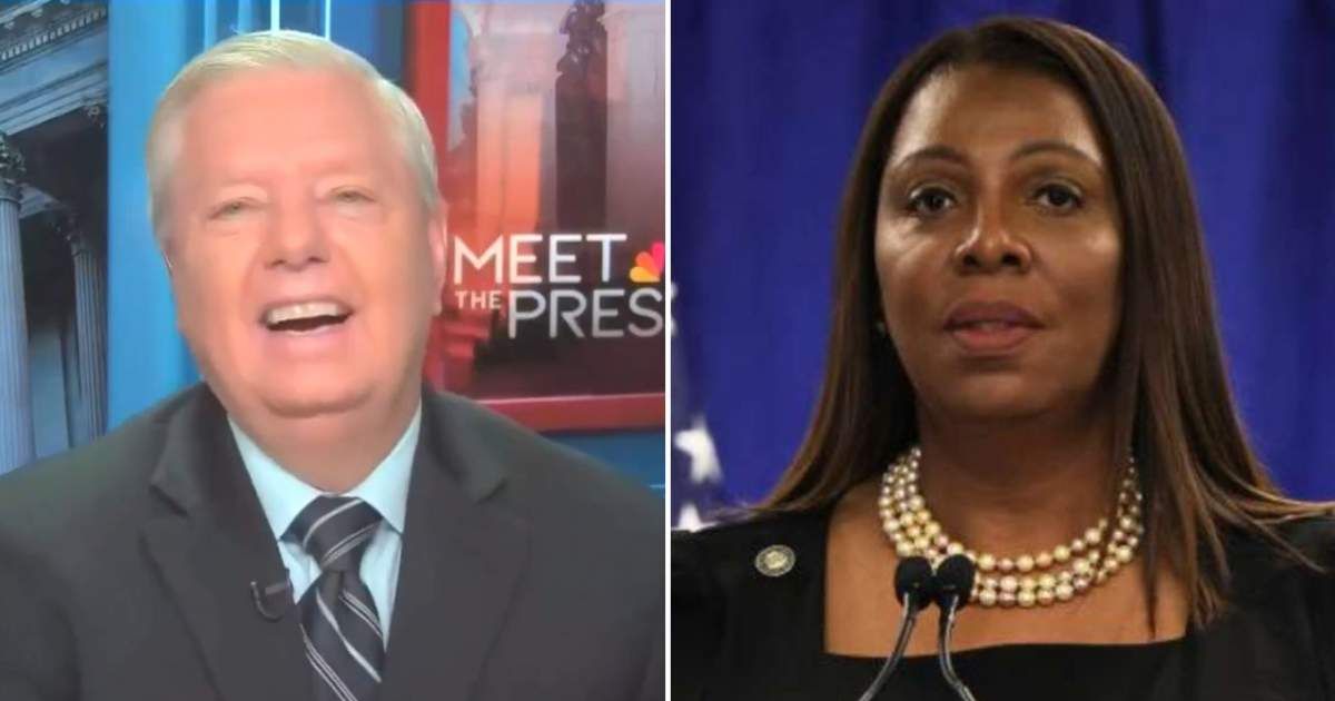 Lindsey Graham defended Letitia James' indictment during an interview with NBC's Kristen Welker on Sunday, October 12 (@GoldenAgeTimes2/X, Getty Images)