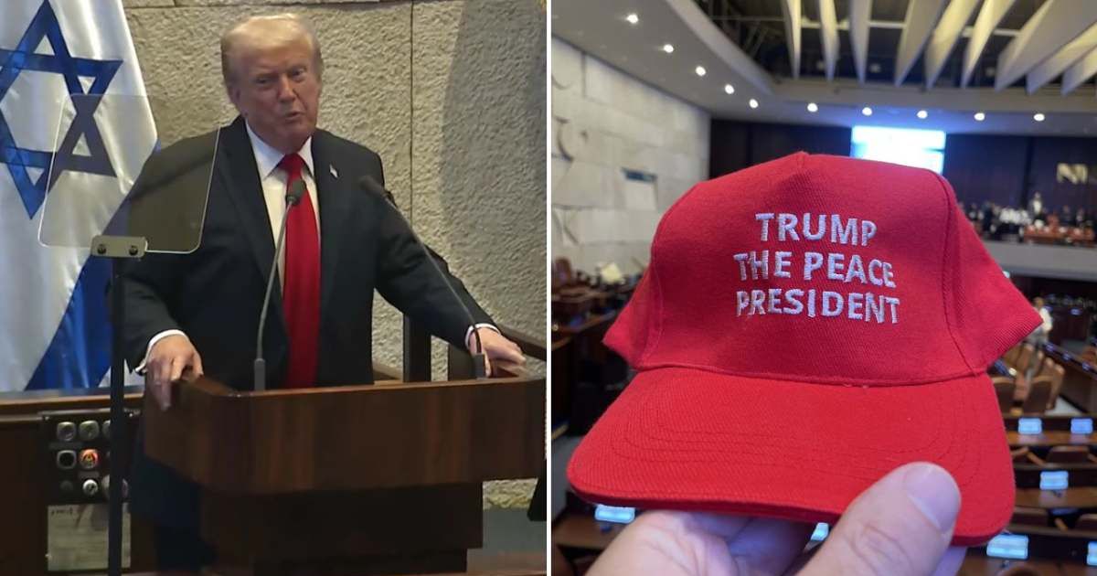 Knesset staff handed out red caps resembling Donald Trump’s MAGA hats before his address (@WhiteHouse/X, @SamuelSokol/X)