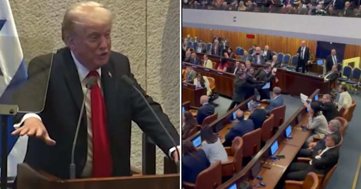 During a speech by President Donald Trump, 2 members of the Hadash-Ta’al party were removed from the Knesset plenum after holding up signs calling for the recognition of Palestine (@TheWhiteHuse/X, @SamuelSokol/X)