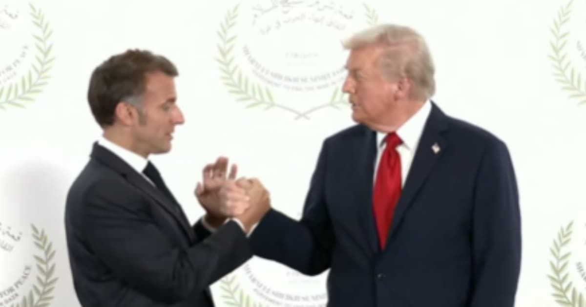 Donald Trump’s firm handshake with French President Emmanuel Macron drew attention during the Gaza ceasefire summit in Egypt on Monday, October 13 (Nick Sortor/X)