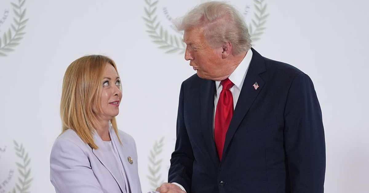 President Donald Trump greets Italy's Prime Minister Giorgia Meloni during a summit of European and Middle Eastern leaders on October 13, 2025, in Sharm El Sheikh, Egypt (Evan Vucci - Pool/Getty Images)