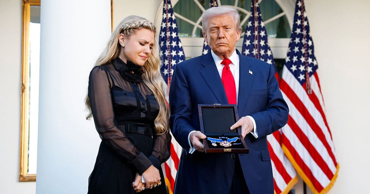 Donald Trump posthumously awarded the Presidential Medal of Freedom to the late Charlie Kirk, presenting the medal to his wife, Erika Kirk, during a ceremony in the White House Rose Garden on October 14, 2025, in Washington, DC (Getty Images)