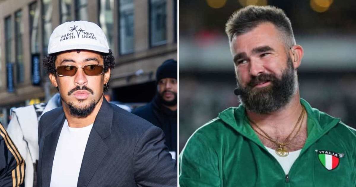 An alleged quote claimed that Jason Kelce supported NFL’s choice of Bad Bunny for the 2026 Super Bowl halftime show (TheStewartofNY/GC Images, Getty Images)