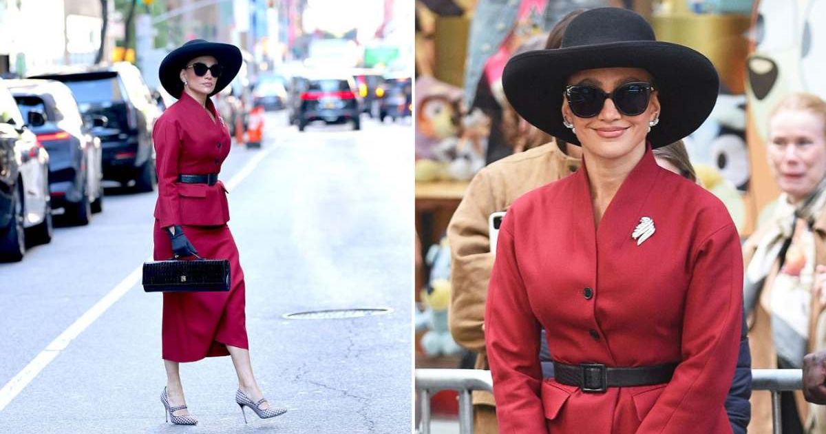 Jennifer Lopez was seen wearing a crimson Dior ensemble inspired by the 1940s while filming in Manhattan (Jose Perez/Bauer-Griffin/GC Images, Patricia Schlein/Star Max/GC Images)