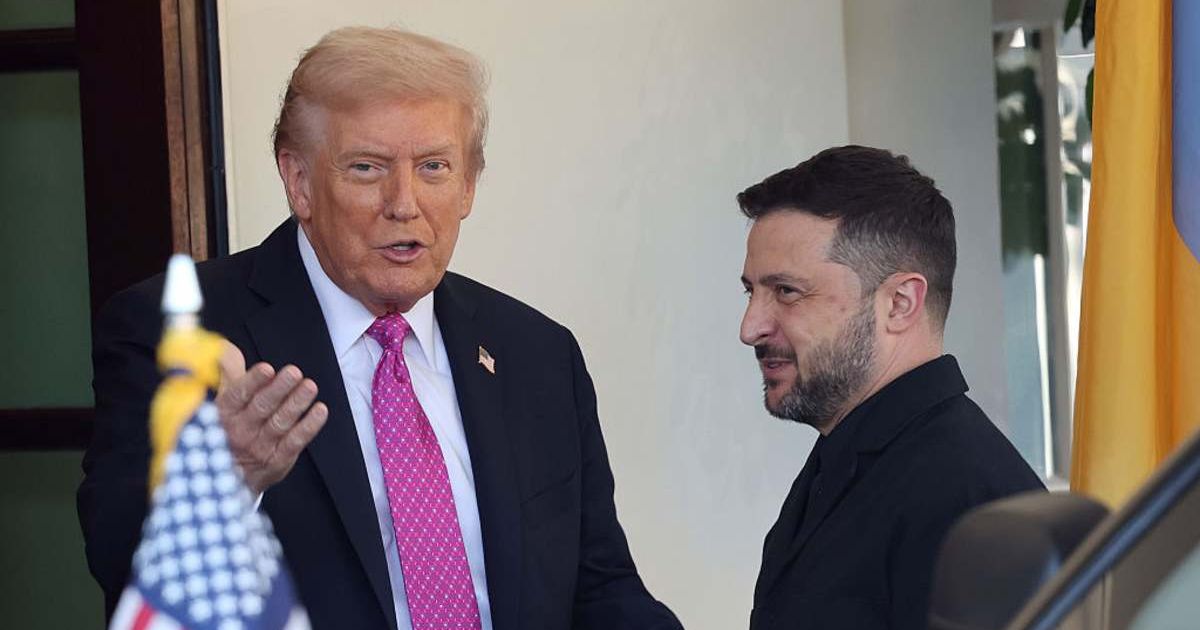 President Donald Trump greets Ukrainian President Volodymyr Zelensky outside the West Wing of the White House on October 17, 2025, in Washington, DC (Win McNamee/Getty Images)