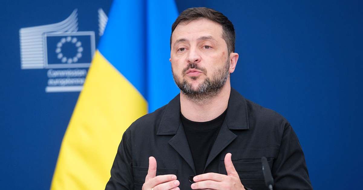 President of Ukraine Volodymyr Zelenskyy talked to the media prior to a virtual meeting with EU leaders in the Berlaymont, the EU Commission headquarter on August 17 in Brussels, Belgium (Getty Images)