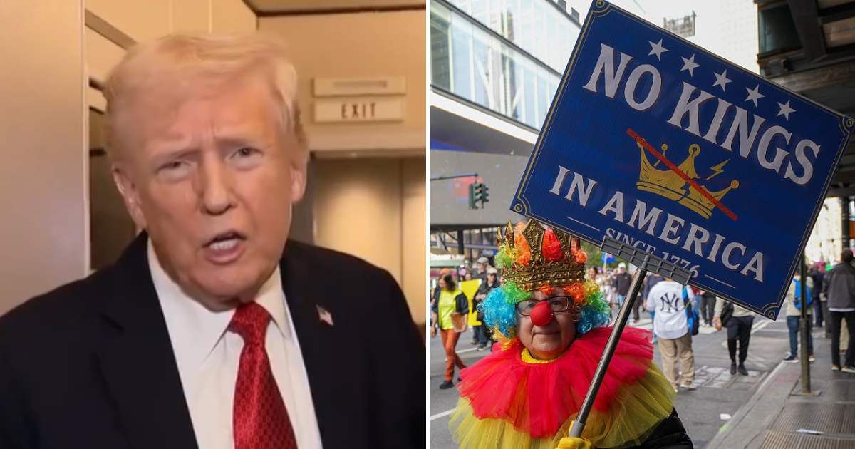 Donald Trump took aim at 'No Kings' protesters while talking to reporters aboard Air Force One on Sunday, October 19 (Screengrab/NewsNation, Stephani Spindel/VIEWpress)