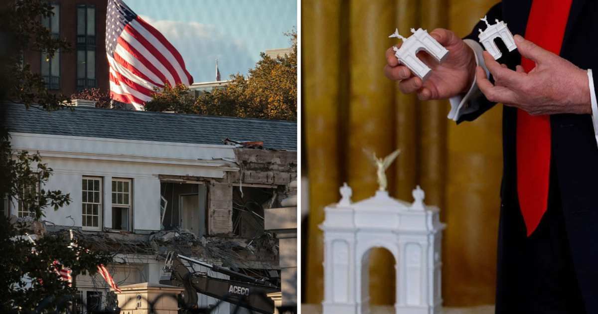 Photos showed heavy machinery tearing into the century-old East Wing as loud crashes echoed across the White House grounds, watched by staff (Getty Images)