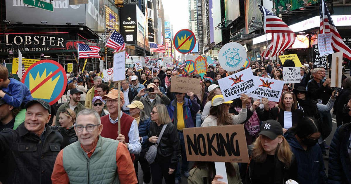 Thousands of people participate in a "No Kings" protest in Manhattan on October 18, 2025, in New York City (Getty Images)