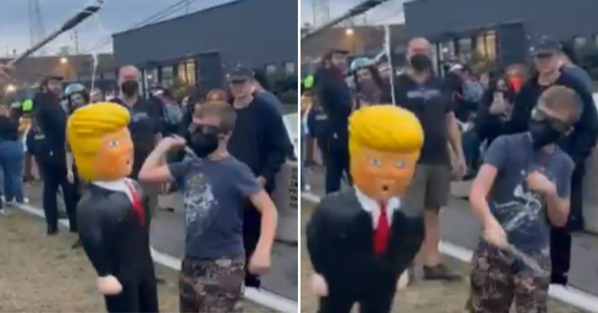 'No Kings' protesters recorded a child bashing Trump pinata outside an ICE facility in Illinois (@FrontlinesTPUSA/X)