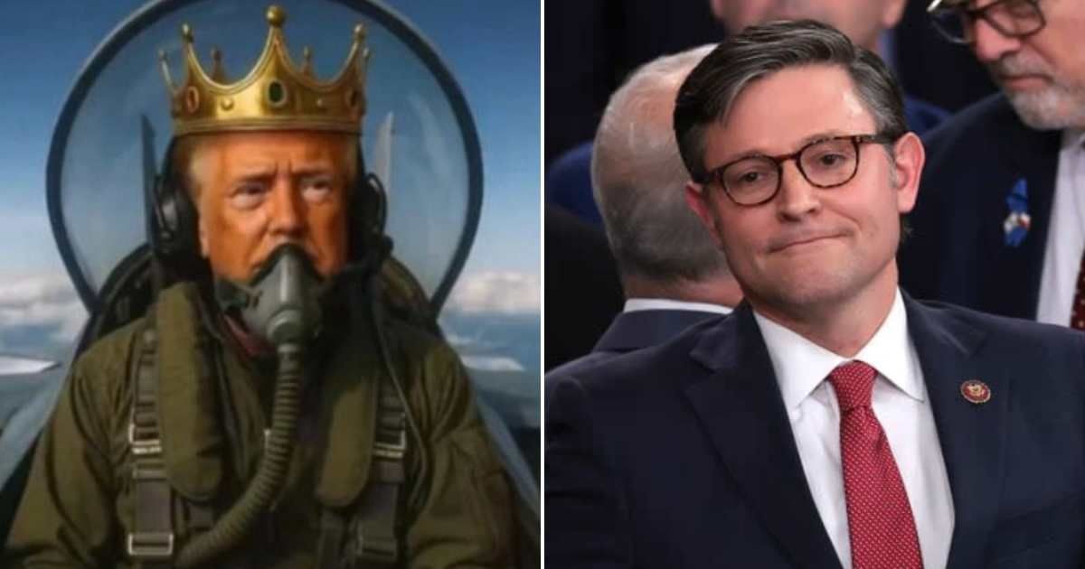 House Speaker Mike Johnson came to President Trump’s defense on Monday after the latter posted a bizarre AI video showing him dropping feces on No Kings protestors (Getty Images, Truth Social)