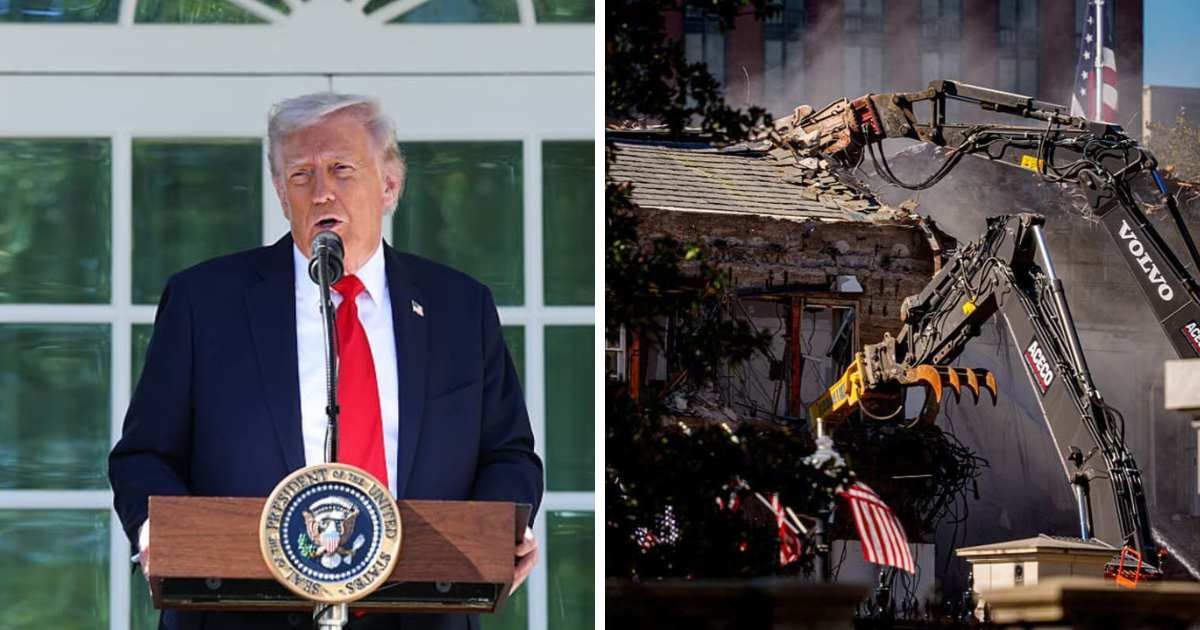 President Donald Trump delivered remarks during a luncheon in the Rose Garden on October 21, while construction work for the proposed ballroom was underway on the East Wing (Getty Images)