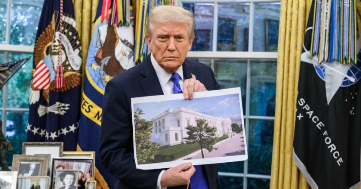 Donald Trump holds up a rendering of the proposed White House ballroom (@WhiteHouse/X)