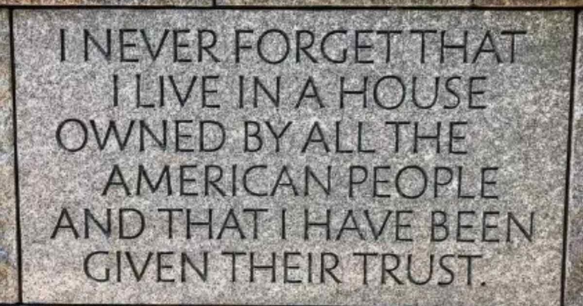The plaque is engraved with Franklin D Roosevelt’s quote, 'I never forget that I live in a house owned by all the American people and that I have been given their trust' (@souvenirchronicles/Screengrab/X)