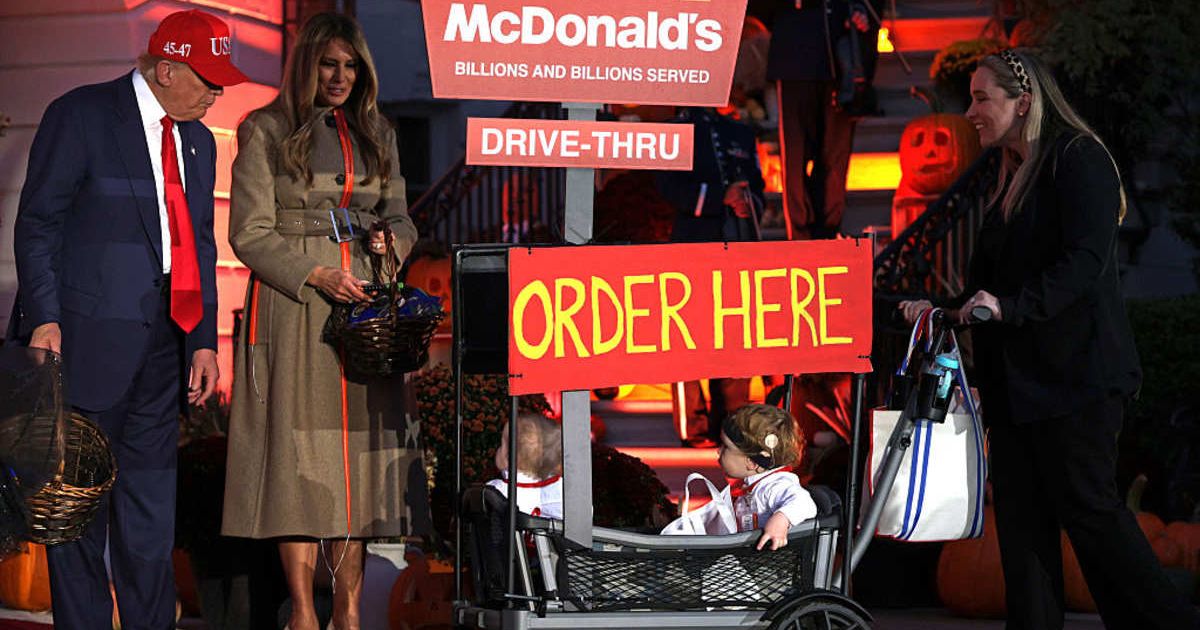 President Donald Trump and First Lady Melania laughed as McDonald’s babies rolled through White House Halloween (Getty Images)