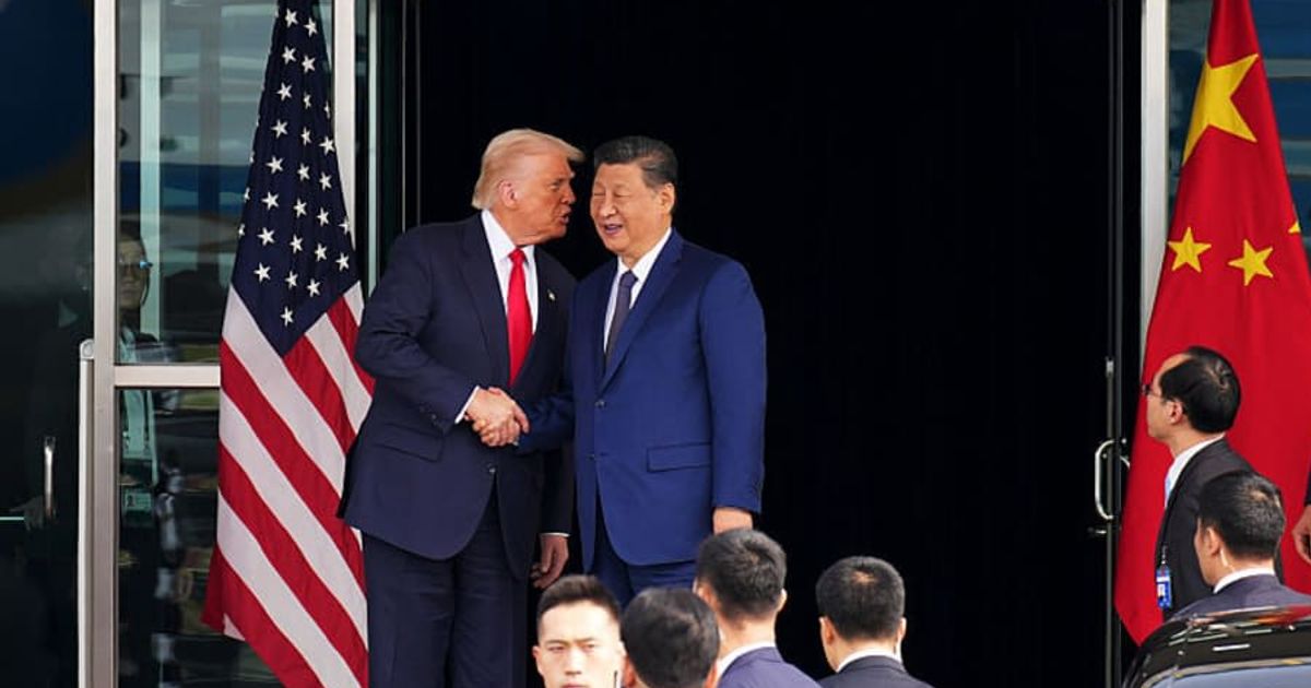 US President Donald Trump and Chinese President Xi Jinping shake hands as they depart following a bilateral meeting at Gimhae Air Base on October 30, 2025, in Busan, South Korea (Getty Images)