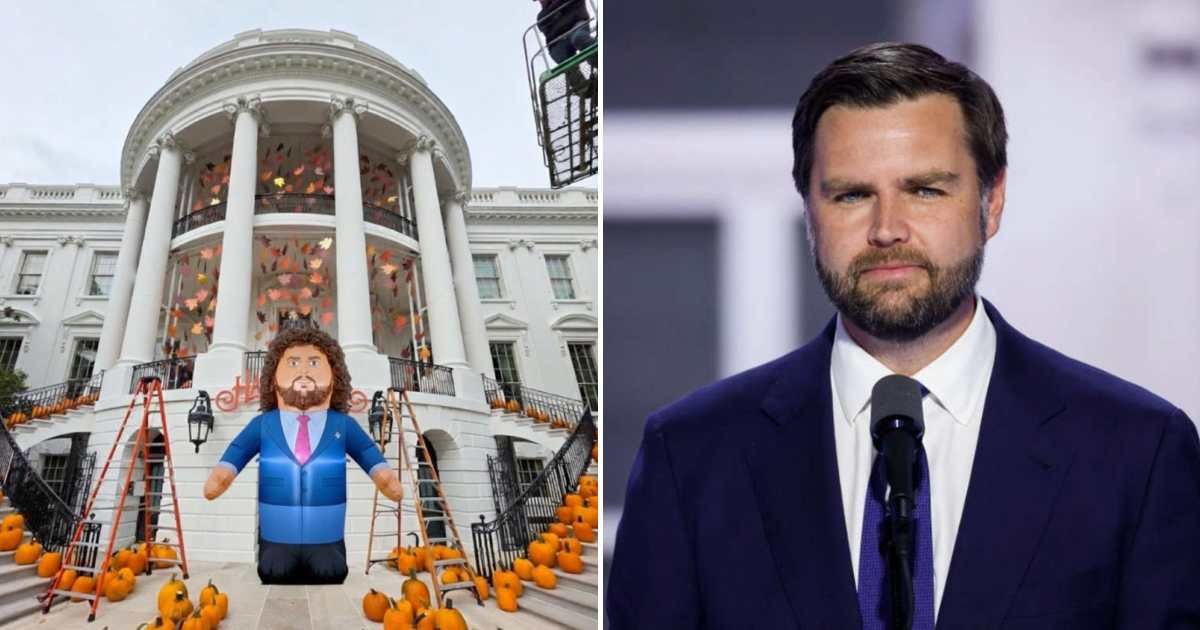 A widely circulated image shows a massive inflatable JD Vance as part of the White House Halloween decorations (@dom_lucre/X, Getty Images)