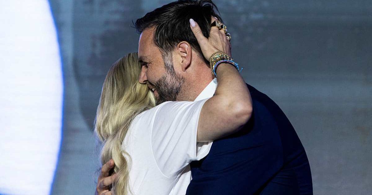 Erika Kirk and Vice President JD Vance embrace at the Pavilion at Ole Miss on the campus of the University of Mississippi on October 29, 2025 in Oxford, Mississippi (Brad Vest/Getty Images)