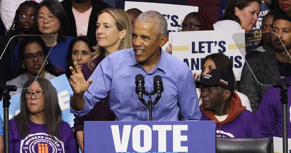Former President Barack Obama speaks during a 'Get Out the Vote' rally for New Jersey Democratic gubernatorial candidate, US Rep Mikie Sherrill (D-NJ) at Essex County College Gymnasium on November 01, 2025 in Newark, New Jersey (Getty Imagea)