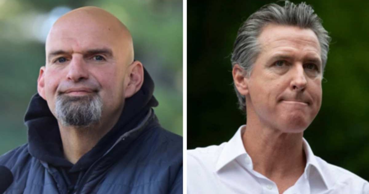 Sen John Fetterman addressed a question about California Gov Gavin Newsom’s attempt to shift toward the political center (Mark Makela, Bill Pugliano/Getty Images)