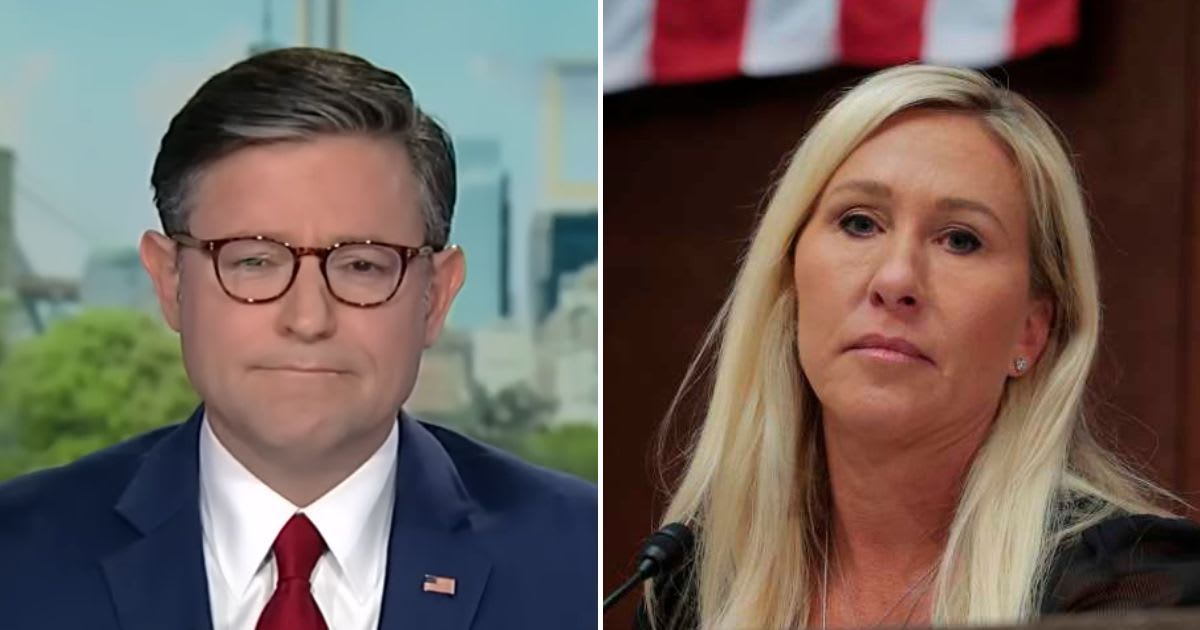 Marjorie Taylor Greene claimed Mike Johnson refused to share GOP health care proposals, joking she’d need a SCIF to see the plan (Screengrab/Fox News, Getty Images)