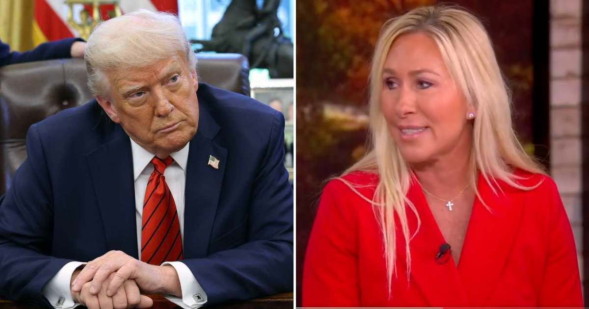 Marjorie Taylor Greene said she’s fine with Donald Trump being angry at her, joking that 'he yells at everybody' (Getty Images, @TheView/X)