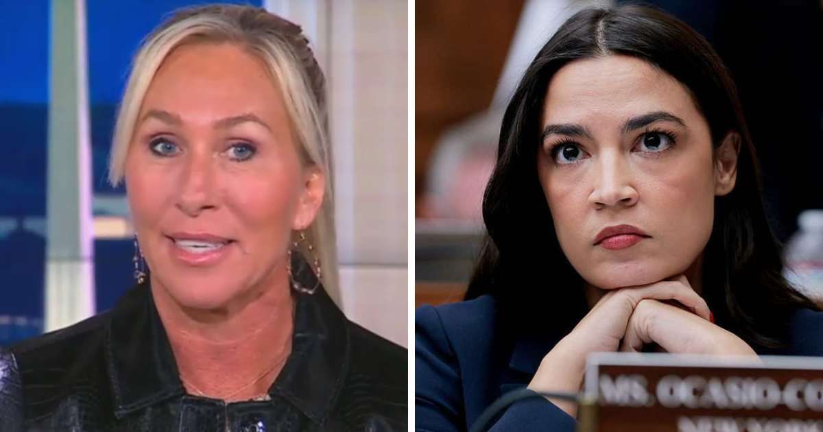 Marjorie Taylor Greene spoke during a NewsNation interview about AOC’s revenge tour remarks (Screengrab/newsnationnow/Instagram, Getty Images)