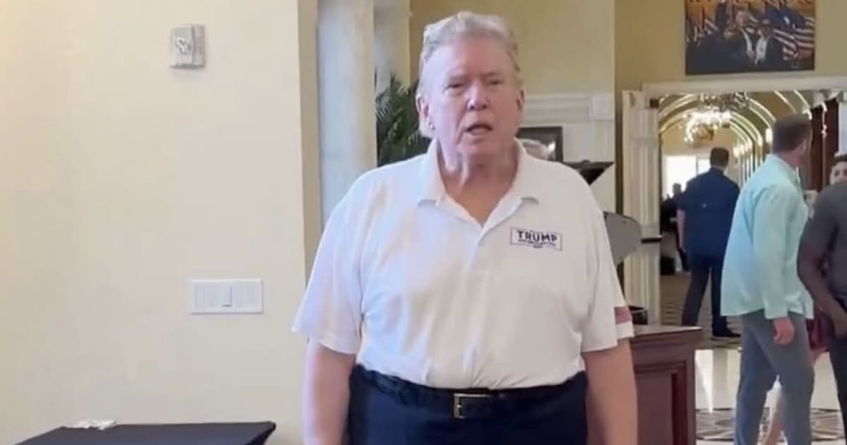 The Democratic Party shared a 2024 photo of President Donald Trump in golf attire with flattened 'MAGA hat' hair and unusually high pants at his Palm Beach club (X/@TheDemocrats)