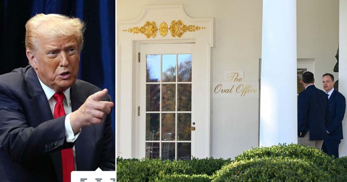 The new sign reflects President Donald Trump’s ongoing White House changes, including tearing up the Rose Garden grass and replacing it with polished stone pavers (Getty Images, X)