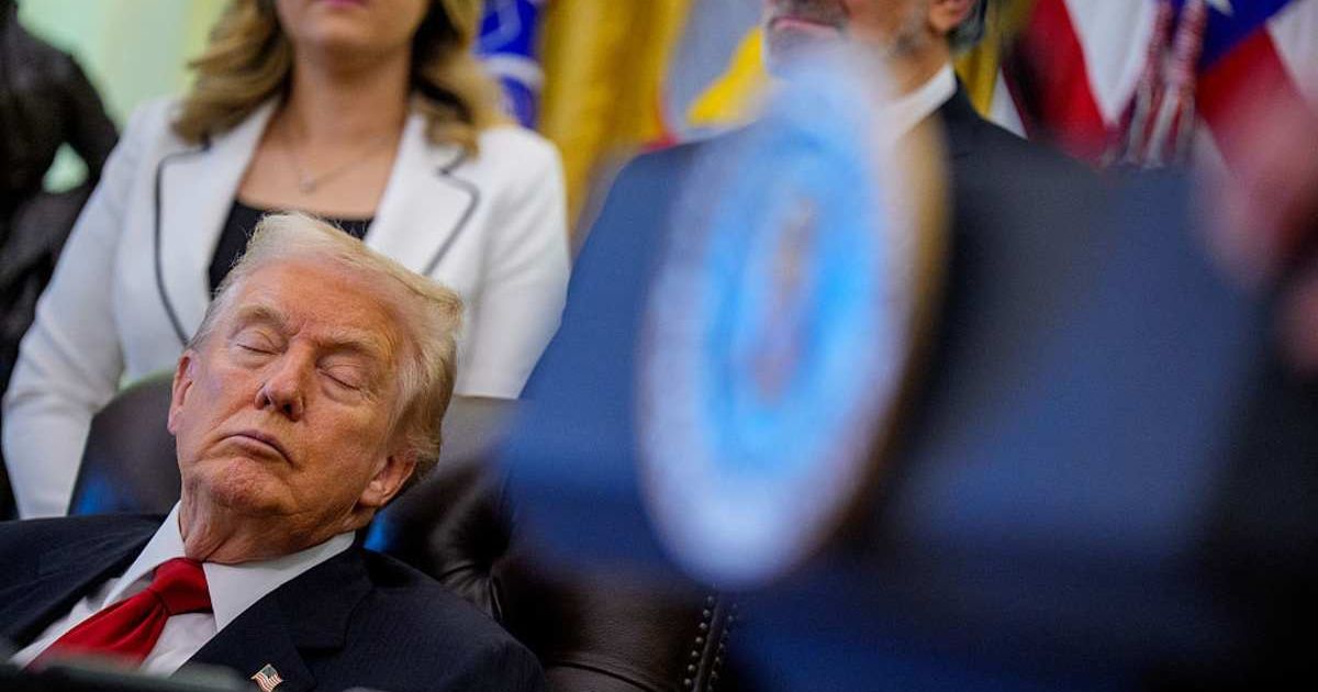 US President Donald Trump appears to be sleeping at an event on lowering drug prices in the Oval Office at the White House on November 06, 2025 in Washington, DC. (Andrew Harnik/Getty Images)