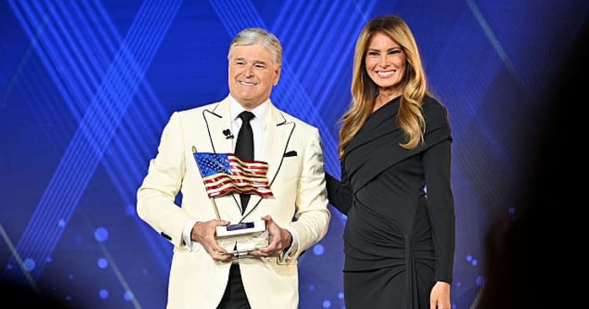 First lady Melania Trump accepts the Patriot of the Year Award from Sean Hannity onstage during the 2025 Fox Nation Patriot Awards on November 6 in Greenvale, New York (Roy Rochlin/Getty Images)