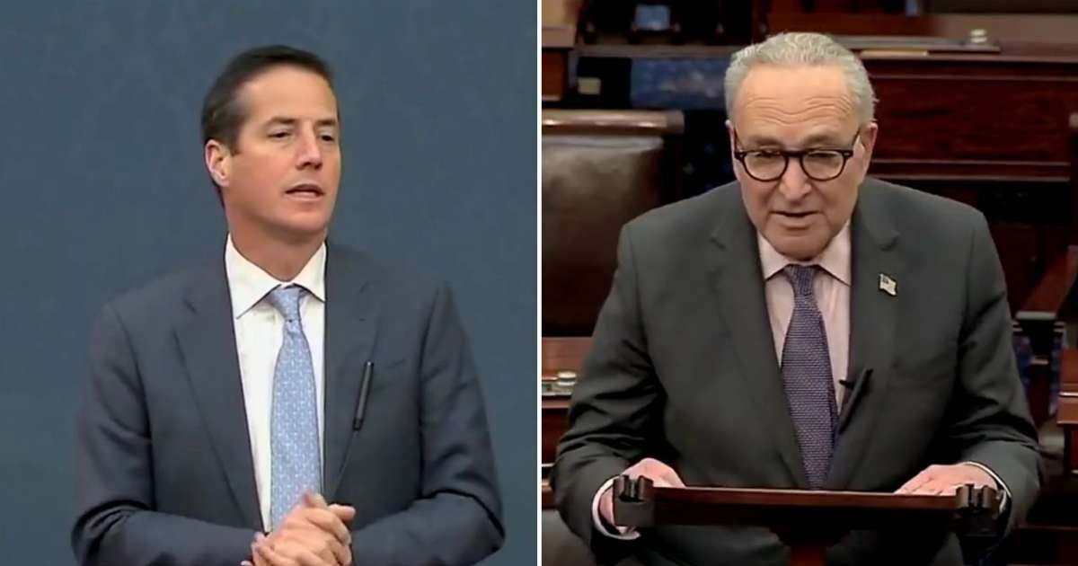 Bernie Moreno asked Chuck Schumer if he had a written proposal for the clean resolution extending Affordable Care Act credits referenced in his speech (@EricLDaugh/X)