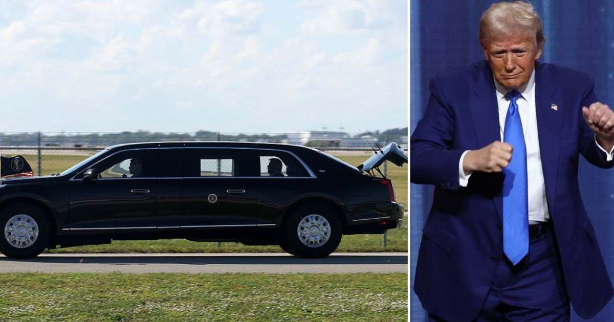 Social media shifted focus from Donald Trump’s lavish party to The Beast after users noticed its trunk left open, with images and videos going viral (Tasos Katopodis, Michael M Santiago/Getty Images)