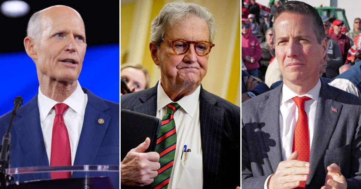 GOP senators (L-R) Rick Scott, John Kennedy, and Bernie Moreno are upset that thousands of federal workers and military personnel went weeks without pay, while lawmakers kept pocketing their six-figure salaries (Getty Images)