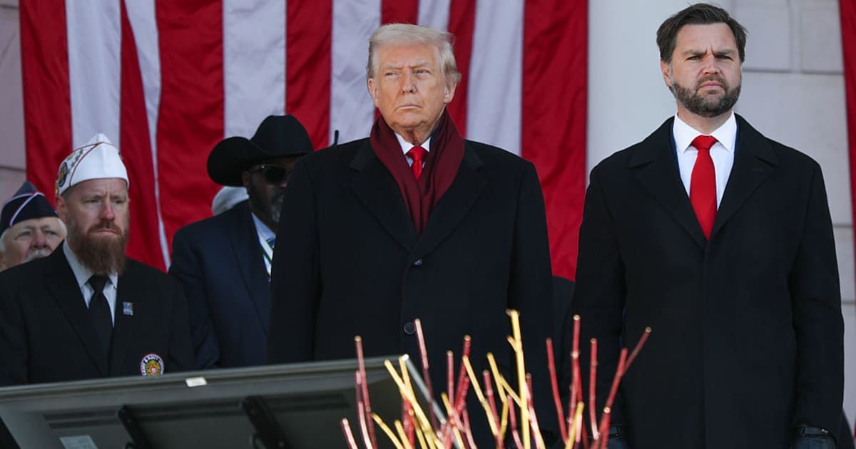 President Donald Trump and Vice President JD Vance delivered Veterans Day remarks at Arlington’s Memorial Amphitheater on Tuesday, November 11 (Getty Images)