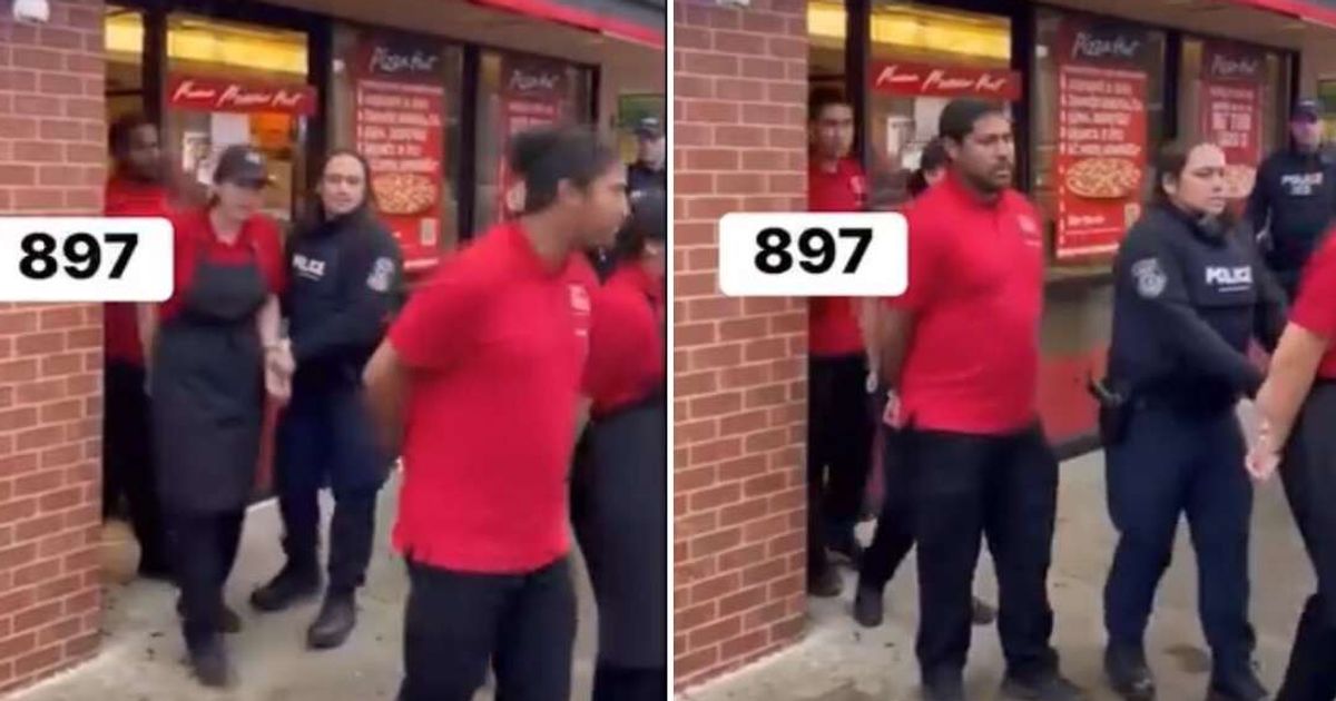 A rumor that spread online in November 2025 alleged that a video depicted ICE agents arresting and deporting Pizza Hut employees (Screengrab/USA Journey 897/Facebook)