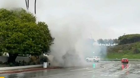 Ventura storm sparks fears of underground transformer explosion as smoke billows from street in clip