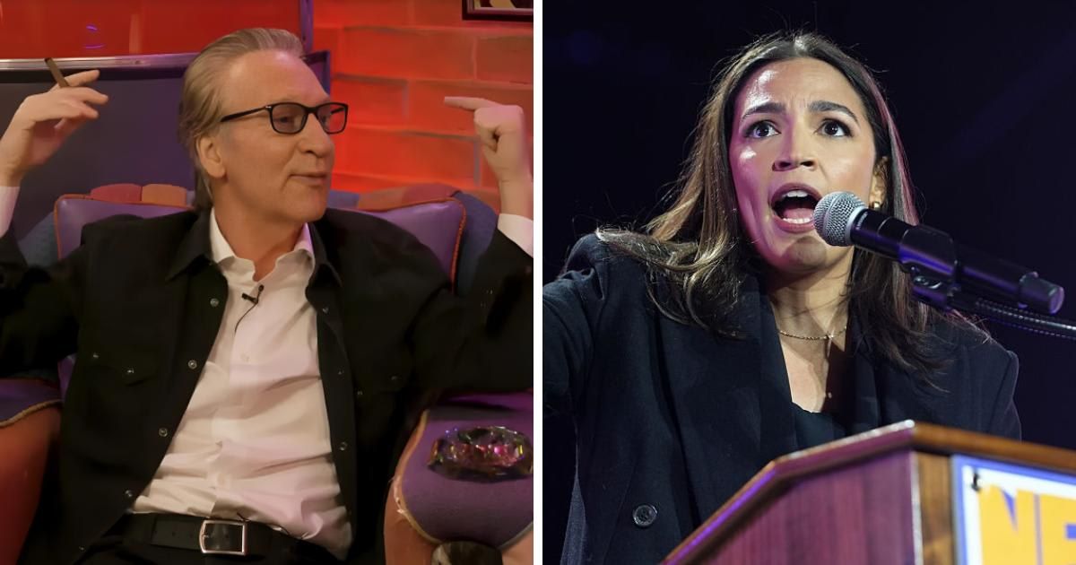Bill Maher speaks on his Club Random podcast as Alexandria Ocasio Cortez addresses supporters at a New York rally (Club Random Podcast, Stephani Spindel/VIEWpress via Getty Images)