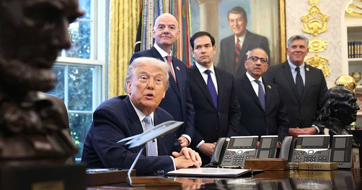 President Donald Trump claimed on Monday, November 17, during the White House Task Force meeting for the FIFA World Cup 2026 that he lost his voice 'shouting' at officials during heated trade talks (Getty Images)