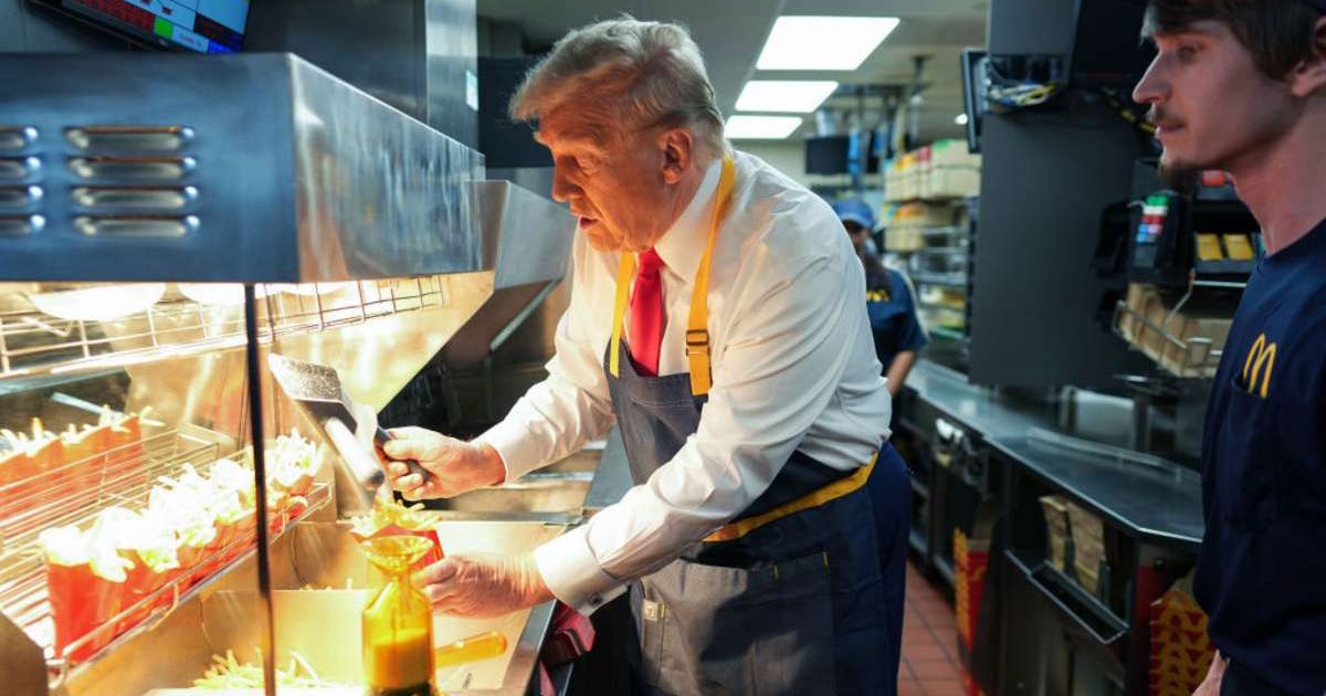 Donald Trump praised McDonald’s workers at the Impact Summit, joking about being the first former McDonald’s fry cook to become President of the United States (Doug Mills-Pool/Getty Images)