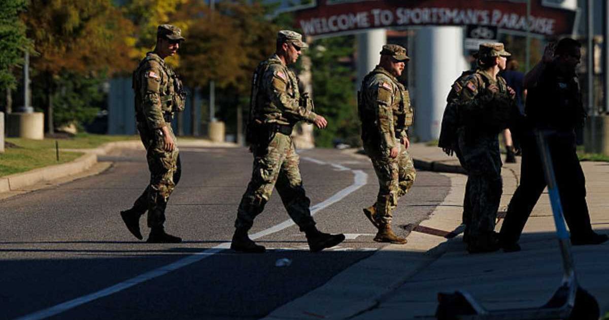 Members of the National Guard patrol outside Bass Pro Shops on October 11, 2025 in Memphis, Tennessee (Brett Carlsen/Getty Images)