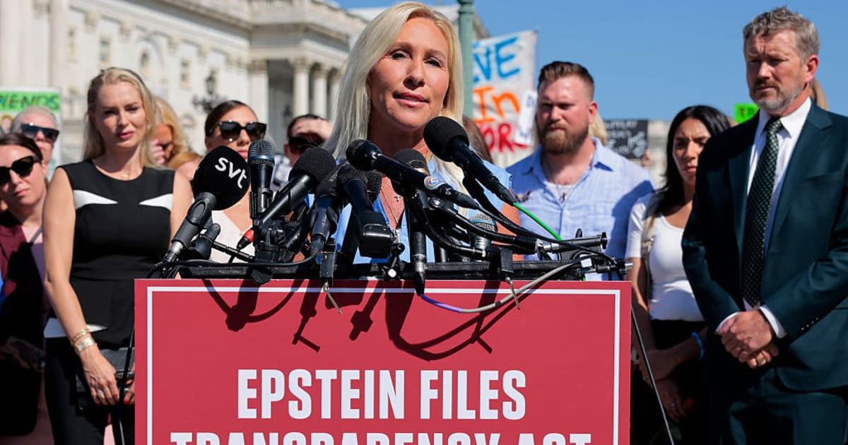 At a press conference on Tuesday, November 18, alleged Epstein survivors, joined by Reps Marjorie Taylor Greene, Ro Khanna, and Thomas Massie, demanded the release of full Epstein files (Getty Images)