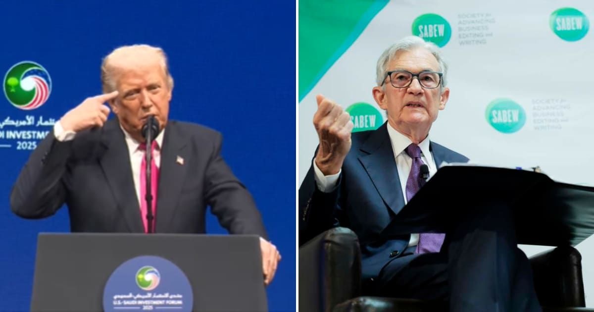 President Donald Trump blasted Federal Reserve Chair Jerome Powell at the US-Saudi Investment Forum, accusing him of having 'mental problems' and mismanaging interest rates (White House/Youtube, Getty Images)