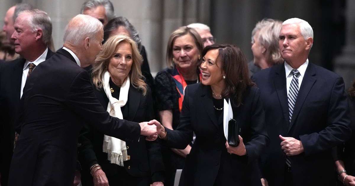 Former President Joe Biden and Kamala Harris met publicly for the first time since her memoir release at former Vice President Dick Cheney’s funeral (Andrew Harnik/Getty Images)