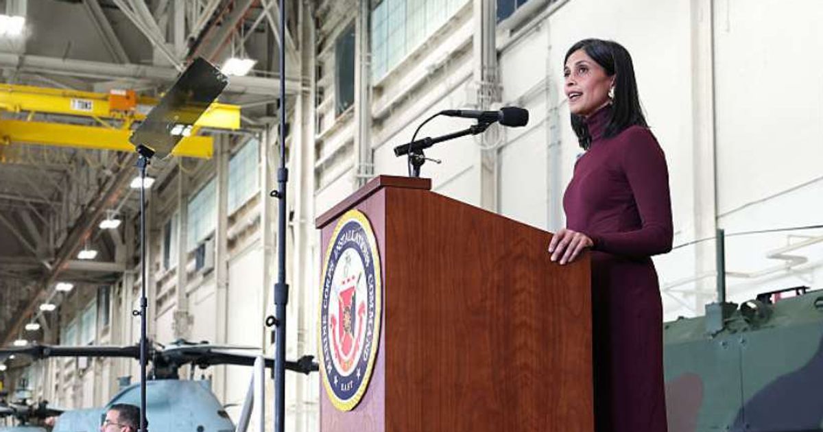Second lady Usha Vance delivers remarks to military personnel and their families during a visit to MV-22 Mega Hangar on Marine Corps Air Station New River on November 19, 2025 in Jacksonville, North Carolina. (Getty Images)