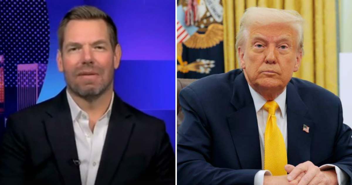 Eric Swalwell compared Donald Trump to his eight-year-old son while he justified Democratic lawmakers' video (Screengrab/MS NOW, Getty Images)