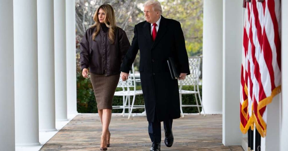 Melania Trump dazzled in a sleek brown bomber jacket and tonal outfit as she joined Donald Trump for the annual White House turkey pardoning (@FirstLadyOffice/X)